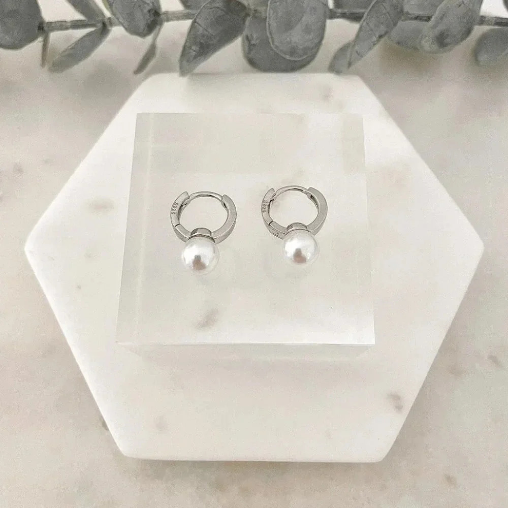 925 Sterling Silver Pearl Huggie Earrings Small Huggie Hoop Earrings - Picture 2 of 5